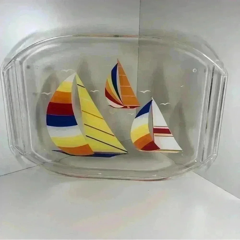 Vintage Culver ServeMates clear acrylic serving tray with sailboats and seagulls